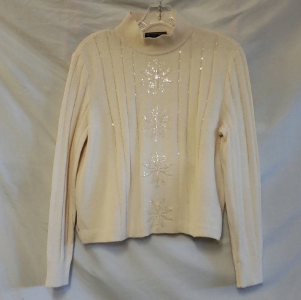 St. JOHN SPORT Cream Sequin Snowflake Sparkles Mock Neckline Size Small